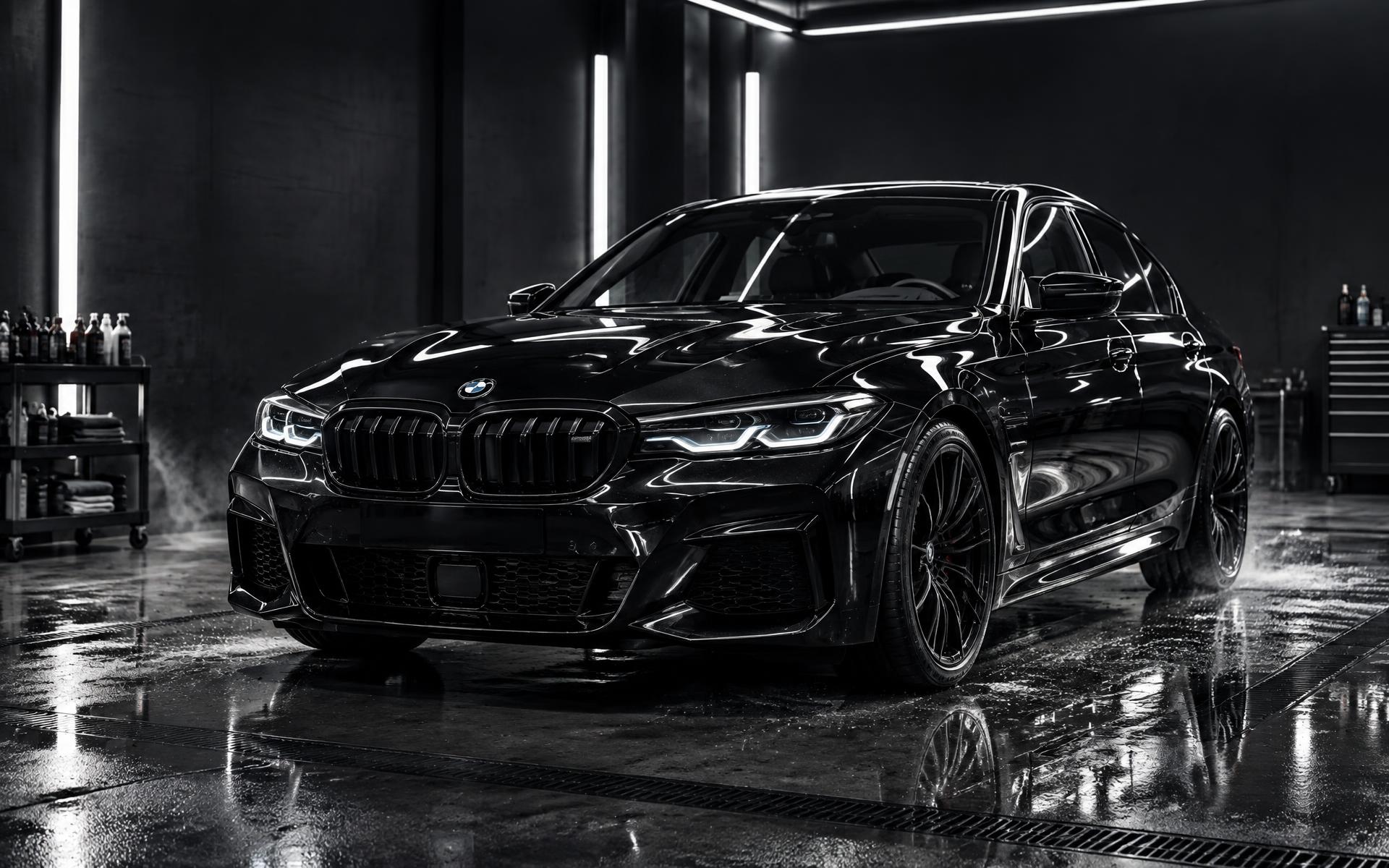 Glänzend aufbereitete schwarze Limousine im Carglanz Studio